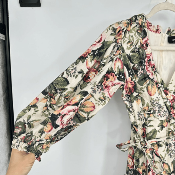 VICI Womens Floral Mini Dress Size S Puff Sleeves Bridal Shower Party Linen Boho - Picture 12 of 15